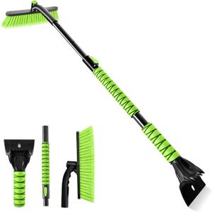 44" Ice Scraper and Snow Brush for Car Windshield with Extendable, 360 Pivoting, Soft Bristle Head, Foam Grip, for Car, Truck, SUV Window Tool (Green)