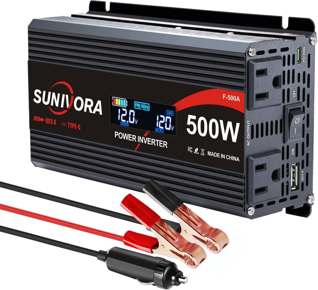 500 Watt Car Power Inverter 12V DC to 110V/120V AC Converter 1000W Peak with LCD Display, 2 AC Outlets & PD Type-C & USB 3.0, Car Plug in Adapter Outlet Supplies Power to Appliances on Car Boat