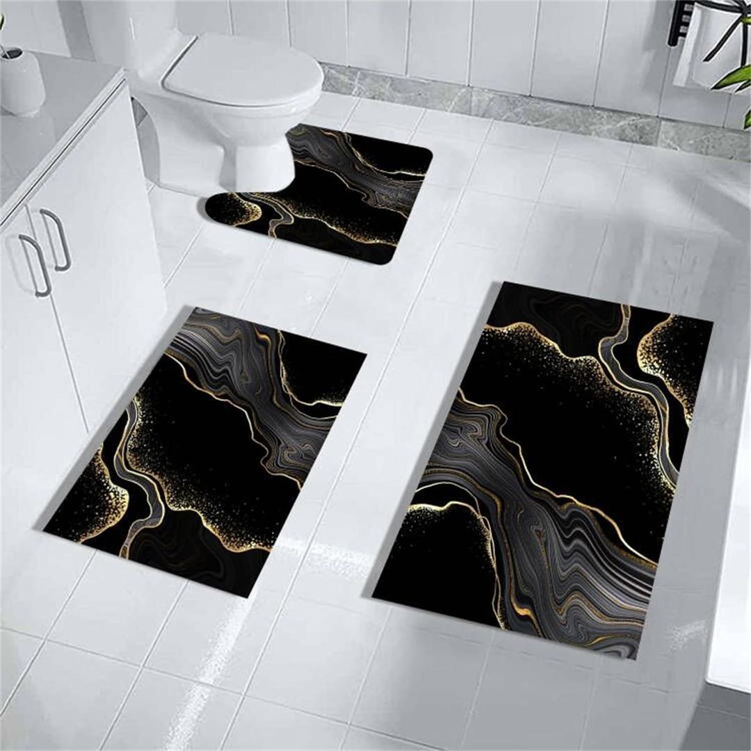 MUGINYU Black Gold Bathroom Rugs Sets 3 Piece Abstract Bath Mat Thin Rubber Diatomaceous Earth Quick Dry Rugs Water Absorbent Floor mat with U-Shaped Contour Toilet Mat Bath for Bathroom Decor