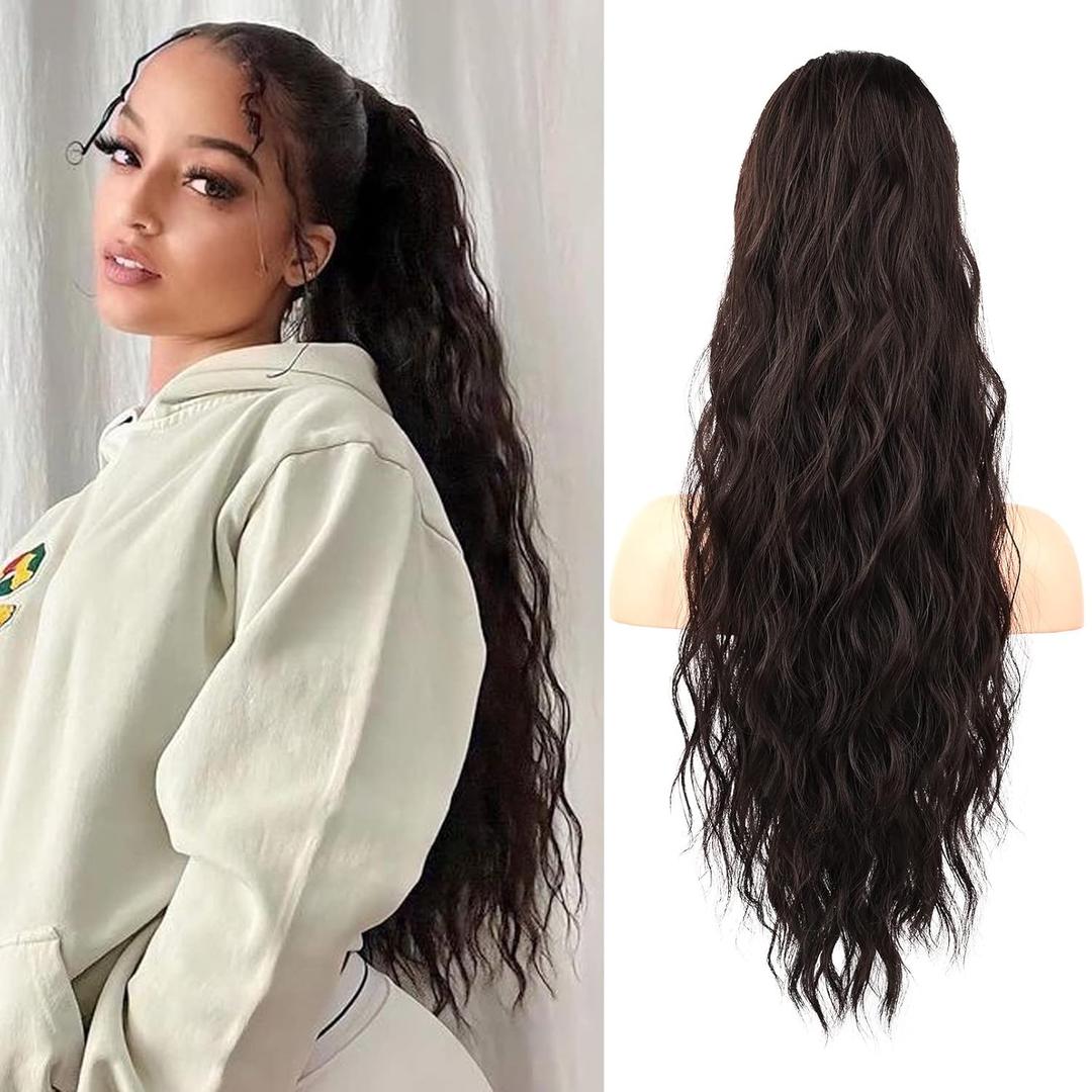 Flufymooz Ponytail Extension, 26 Inch Drawstring Ponytail Hair Extensions for Women Long Curly Wavy Pony Tail Natural Wavy Synthetic Hairpiece for Women Daily Use party (26 Inch Black Brown)