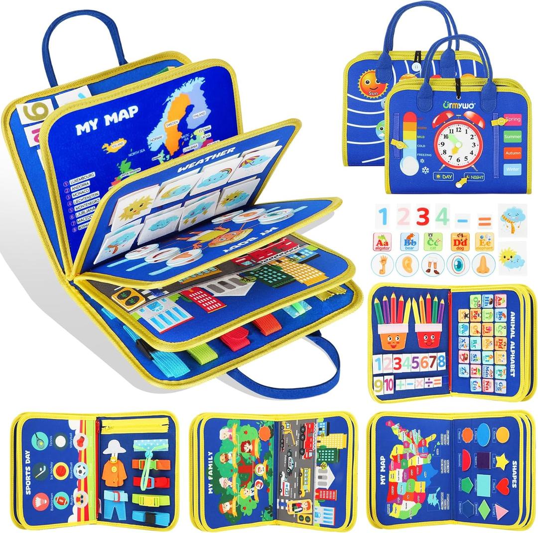 URMYWO Busy Board - Montessori Toys for 1 2 3 4 Year Old, Busy Book Toddler Activities with Fine Motor Skills, Autism Sensory Toys Gifts for Boys Girls, Travel Toys for Road Trip Plane Car (Blue)