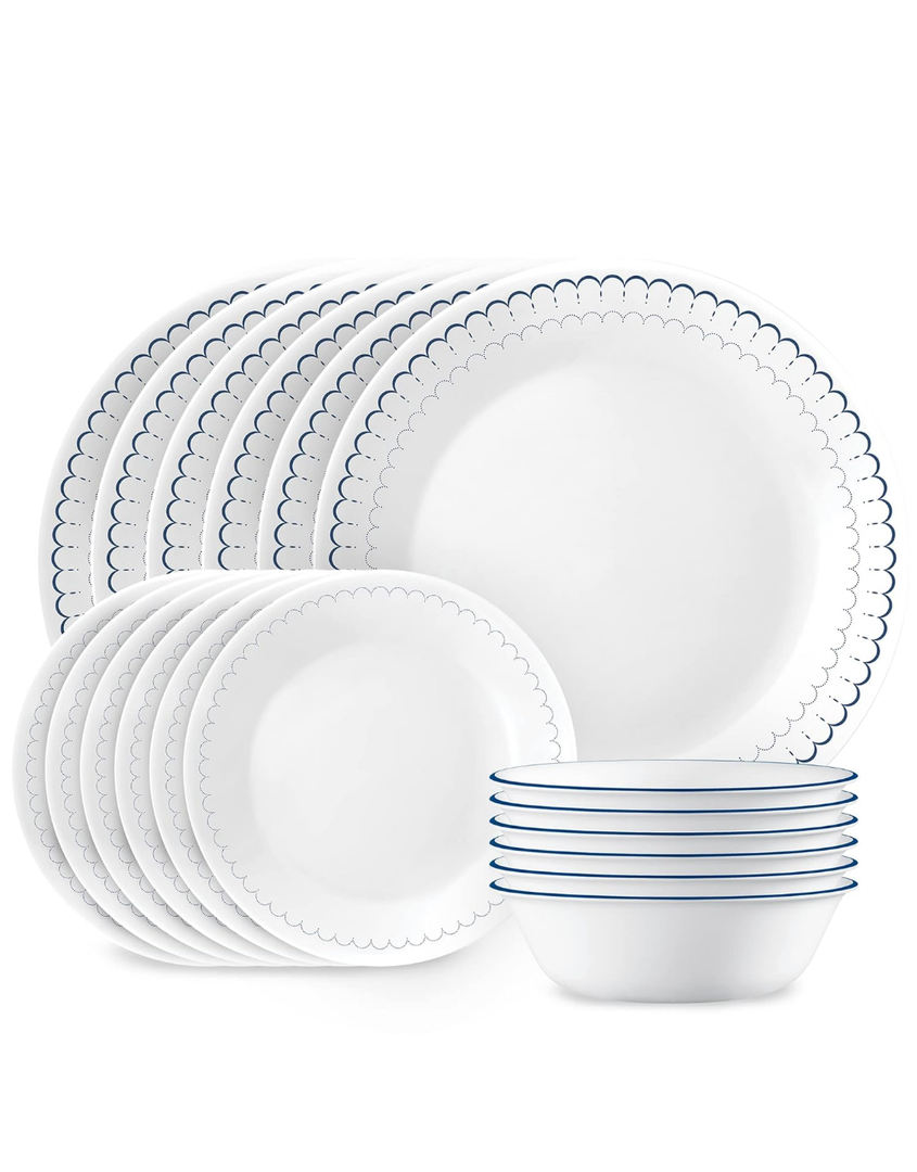 Corelle 17-Piece Dinnerware Set Service for 5, Lightweight Round Plates and Bowls Set, Vitrelle Triple Layer Glass, Chip Resistant, Microwave and Dishwasher Safe, Caspian
