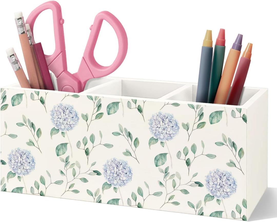 Hydrangea Gifts Wooden Pen Pencil Holder, Hydrangea Gifts for Women, Blue Flowers Decor Wooden Makeup Brush Toothbrush Holder Organizer for Home Office Desk Table Shelf