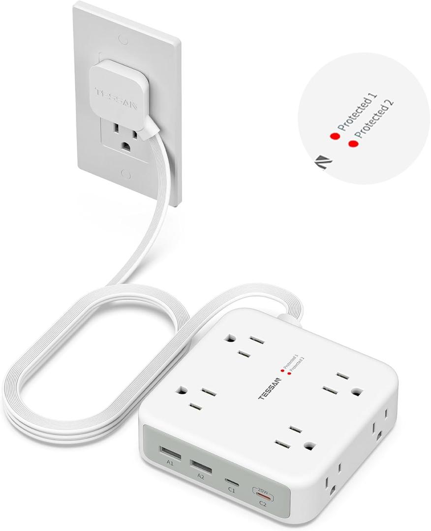 TESSAN Dual Surge Protector Power Strip, 5 Ft Extension Cord Flat Wall Plug with 4 USB (2 USB C) 8 Outlets, 2100J Surge Protection, 20W Multiple Charging Station for Home, Office, College, Dorm, Grey (White)
