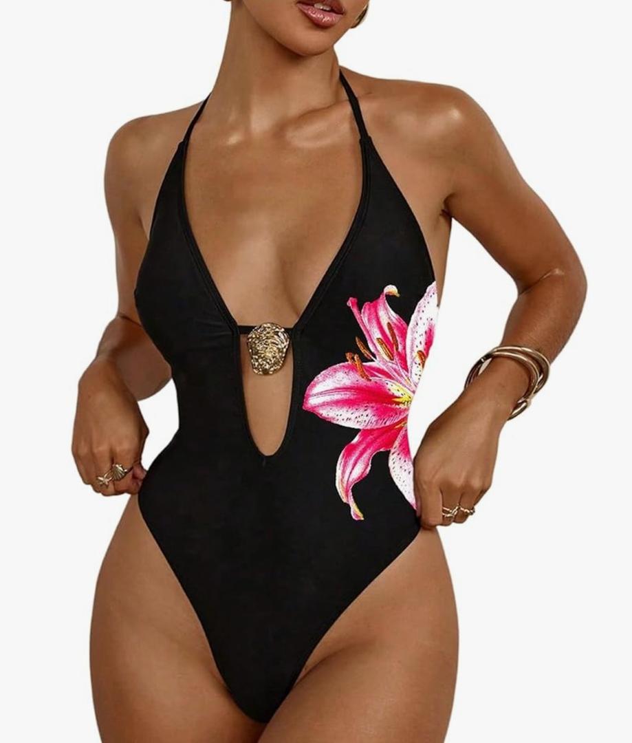 WDIRARA Women's One Piece Swimsuit Floral Deep V Neck Halter Monokini Sexy Cutout High Cut Bathing Suit, Large