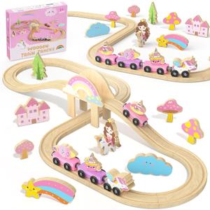 Unicorn Wooden Train Set for Toddler Girls Ages 2-4 Magical Fairy 38 Pcs Toddler Girl Toys with Railway Track Fantasy Toys for Girls 3-5 Year Old Kids