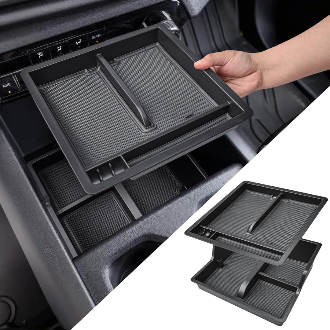 2PCS Center Console Organizer Compatible with 2024 2025 2026 Chevy Silverado EV Accessories Work Truck (WT), 3-Tier Middle Console Insert Sliding Upper Tray & Secondary Compartment (NOT For RST/LT)