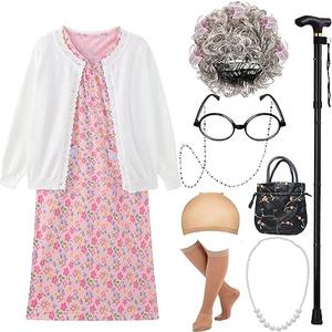 EBYTOP Old Lady Costume for Kids Halloween 100th Day of School Girls Dress up Granny Wig Grandma 100 Days Glasses Cane,1PK 46 Years