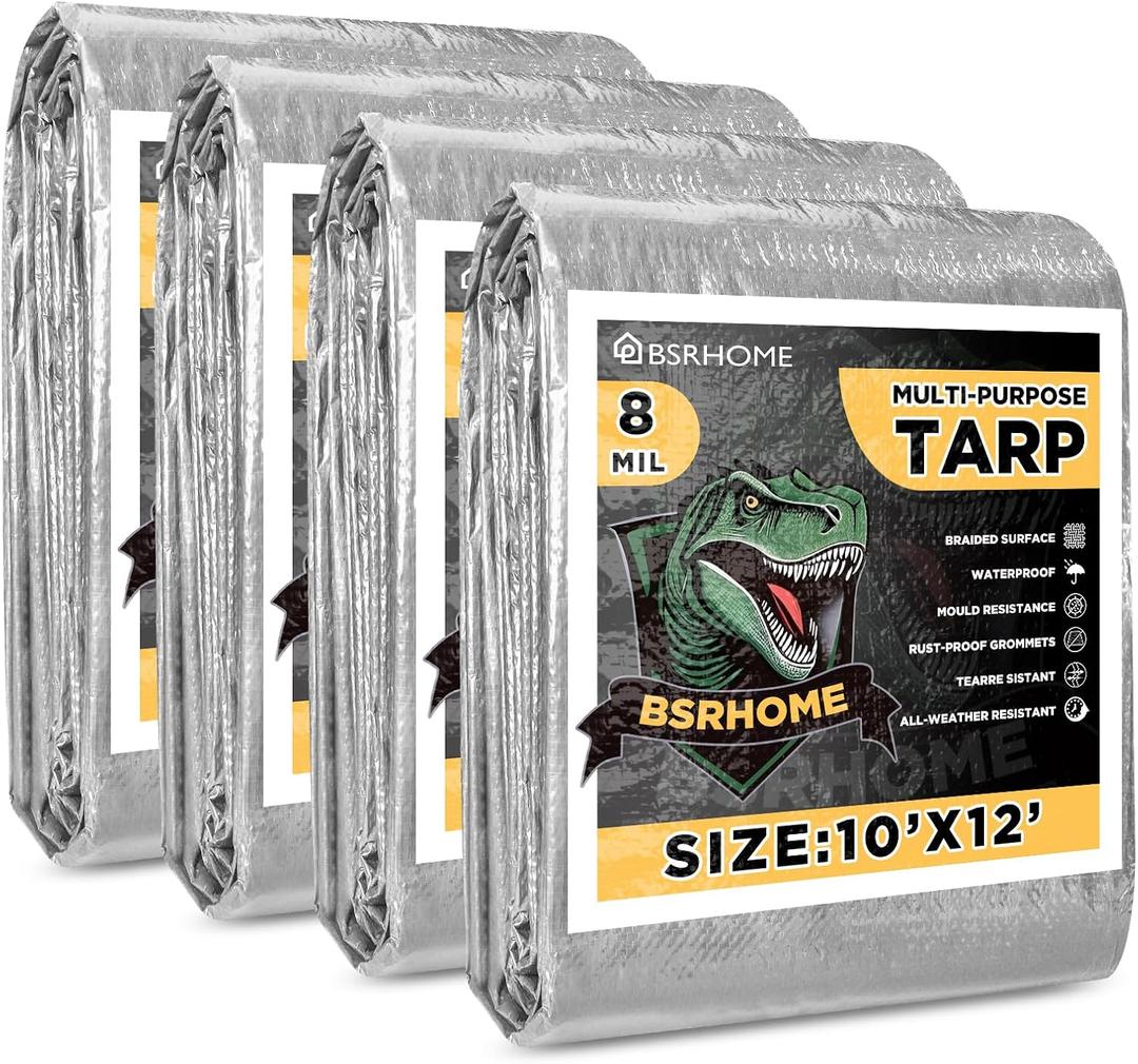 Tarps Waterproof 10x12 Feet, 4 Pack Heavy Duty Silver Tarp Cover 8 Mil Thick, Resistant Plastic Tarpaulin with Metal Grommets, Outdoor Tent Cover for Emergency Rain