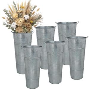 Vensovo Metal Flower Bucket Vase, 15 Inch Tall Silver Rustic Farmhouse Centerpiece for Spring Home Decor & Wedding, Set of 6