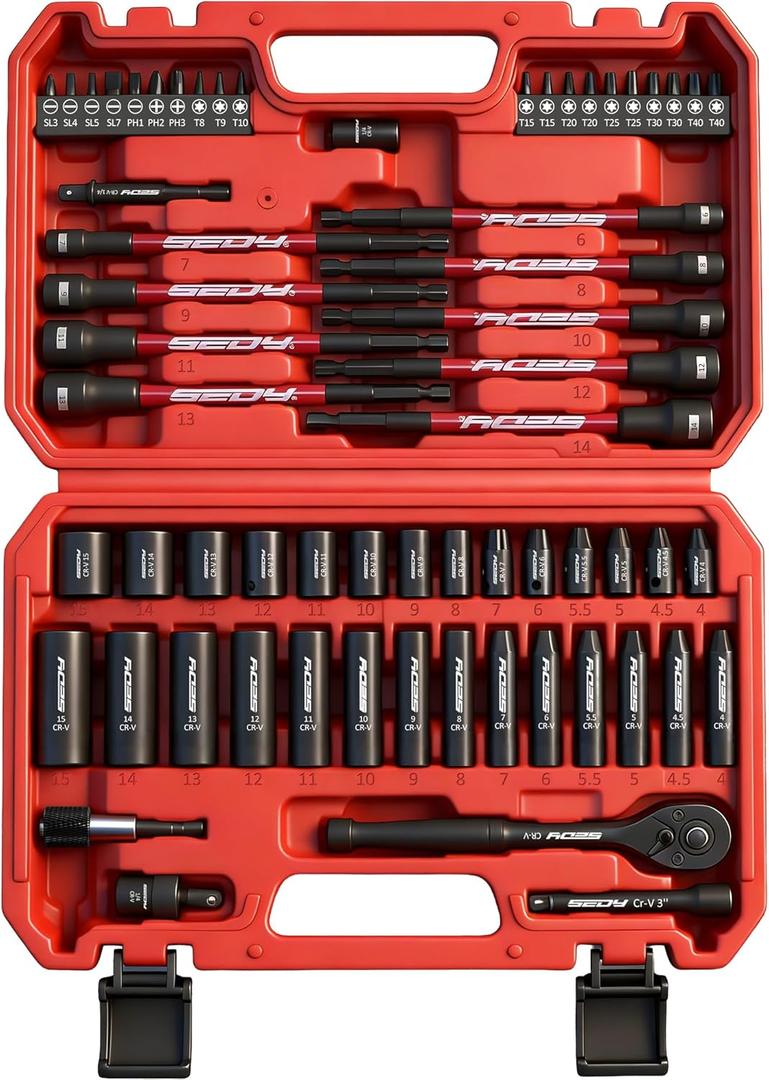 63-Piece Metric 1/4" Drive Socket Set & Nut Driver Set, Impact Standard & Deep Socket Set (4-15mm), 1/4" Hex Shank 6" Magnetic Nut Drivers, Extension Bar, Quick-Release Ratchet handle, Universal Joint
