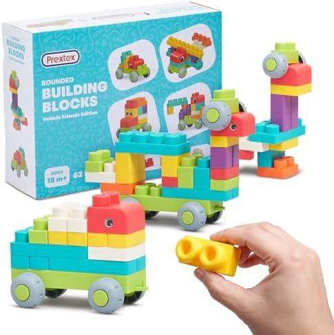 PREXTEX Soft Building Blocks for Toddlers 18 Months and up- 62-Piece Rounded Multicolored Bricks - Educational Toy - Vehicle Friends Edition for Interactive Family Fun and Creative Play