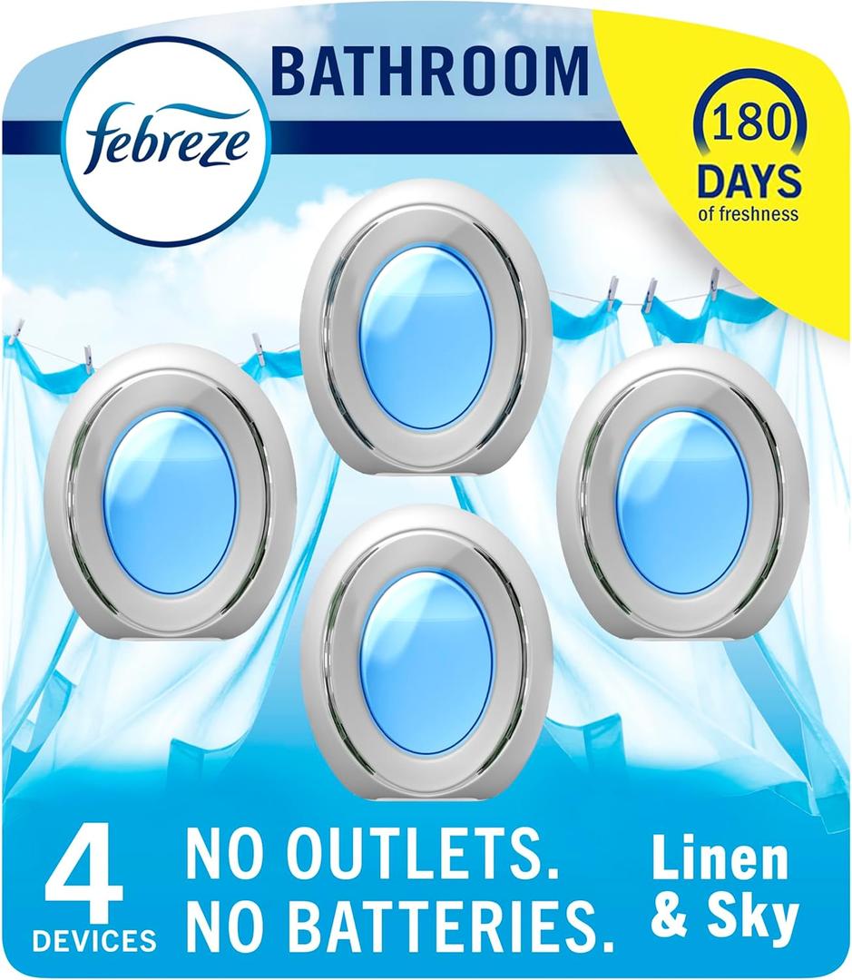 Febreze Bathroom Air Freshener Odor-Fighting for Small Spaces Scented Plug In Alternative Long-Lasting for Home and Bathroom and Kitchen Closet Air Fresheners, Linen & Sky Scent, 4 Count