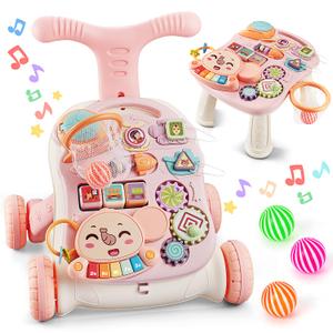 TOY Life 3 in 1 Baby Push Walker and Activity Center for Girl, Sit to Stand Walker for Babies 6-12 Months, Walking Toys with Music Panel for Infants and Toddlers Learning to Walk Pink