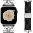 Wearlizer Braided Magnetic Band Compatible with Apple Watch Bands 42/46/38/40/41/44/45/49mm Women Men, Designer D-Shape Stretchy Elastic Nylon Strap for iWatch Series 11 10 9 8 7 6 5 4 SE/Ultra 3 2 1 (Black/Silver)