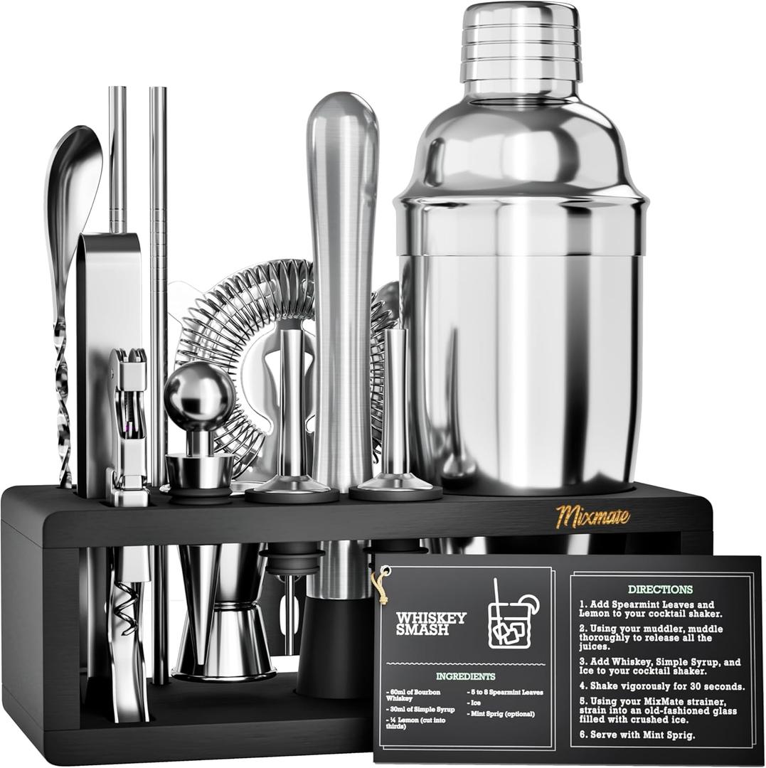 Mixology Bartender Kit with Stand - 15 Piece Bar Tool Set, Silver Bar Set Cocktail Shaker Set for Drink Mixing - Includes Martini Shaker, Jigger, Strainer, Bar Mixer Spoon, Tongs, Opener | Gift Idea, Silver/Black