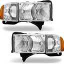 Headlights Assembly for 1999-2001 Dodge Ram 1500/1999-2002 Ram 2500 with Corner Parking Turn Signal Marker Lights Chrome Housing Amber Reflector Replacement Pair