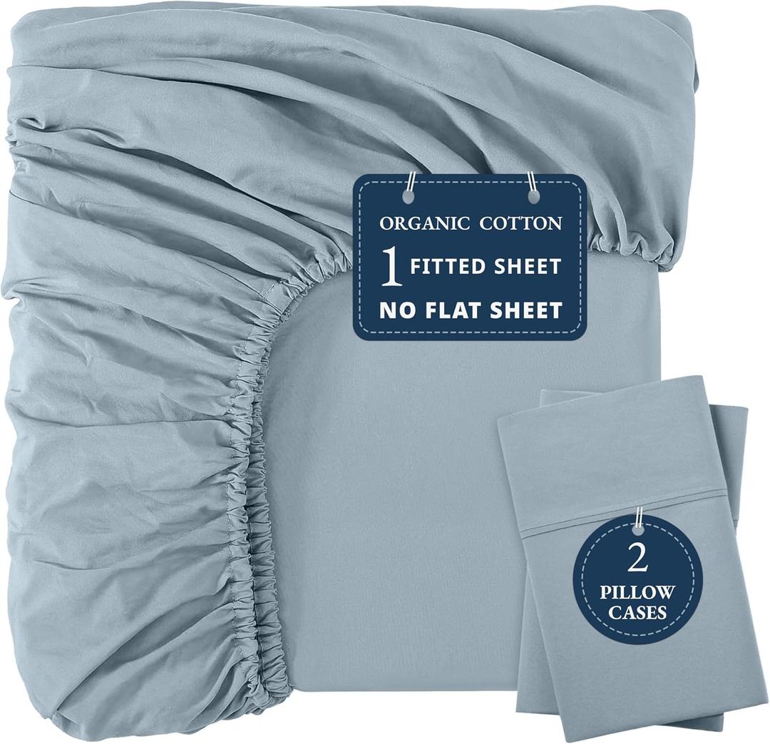 LANE LINEN 100% Organic Cotton Fitted Sheet Queen Size - 3 Pc Set (1 Fitted Sheet, 2 Pillowcases), Percale Weave, Soft, Breathable, Fits Mattress Upto 15" Deep - French Blue (No Flat Sheet)