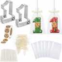 50 Set Rice Treats Crispy Cutter Set Number 1 Cookie Cutter with 50 Clear Treat Bags Cake Pop Sticks and Twist Ties Thank You Stickers for Christmas Baby Shower Party Crispy Pops