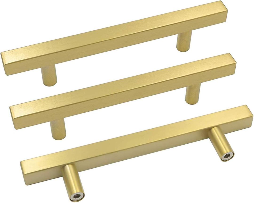 goldenwarm 10 Pack Brushed Brass Cabinet Pulls Gold Cabinet Hardware Handle Pull - LS1212GD128 Modern T Bar Knobs Dresser Hardware Gold Drawer Handles 5 inch Hole Centers, 7-1/2" Overall Length (5in hole centers)