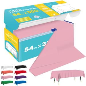 Pink Plastic Table Cover Roll - 54IN x 300FT, Table Cloth for Rectangle Table with Slide Cutter, Plastic Table Cloth Disposable with Cut-to-Size Design for Weddings, Banquets, Parties