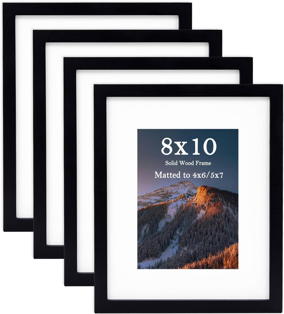 eletecpro 8x10 Picture Frame 4 Pack Made of Solid Wood and Strong Real Glass, Display 4x6 and 5x7 Photos with Mat or 8x10 without Mat, Home Decor for Wall and Tabletop, Gallery Gift Set, Black