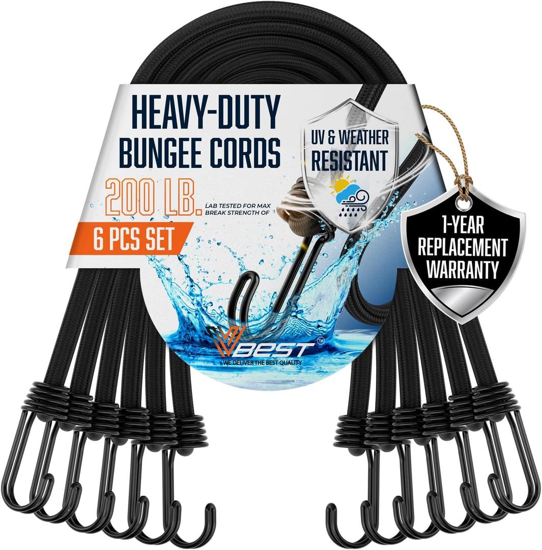 6 Piece Strong Bungee Cords with Hooks 36 Inch - Heavy Duty Outdoor Black Bungy Straps with Metal Hooks - 3ftt Bungie Chords Set UV & Weather Resistant