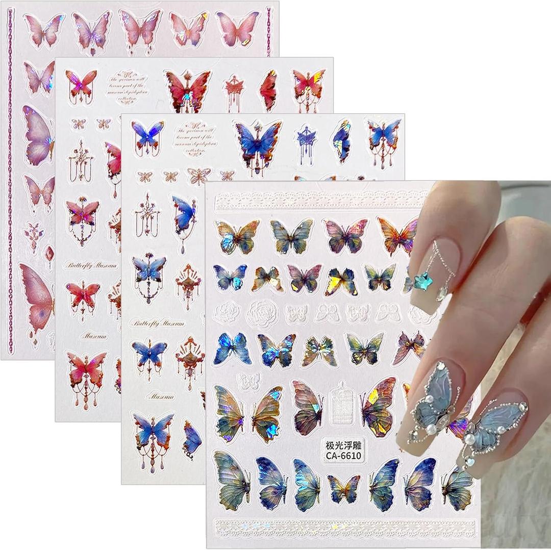 Butterfly Nail Art Stickers Decals Butterfly Nail Decals 3D Self Adhesive Nail Stickers Aurora Spring Red Pink Blue Designs Nail Art Supplies for Women Nails Manicure Decorations 4 Sheets