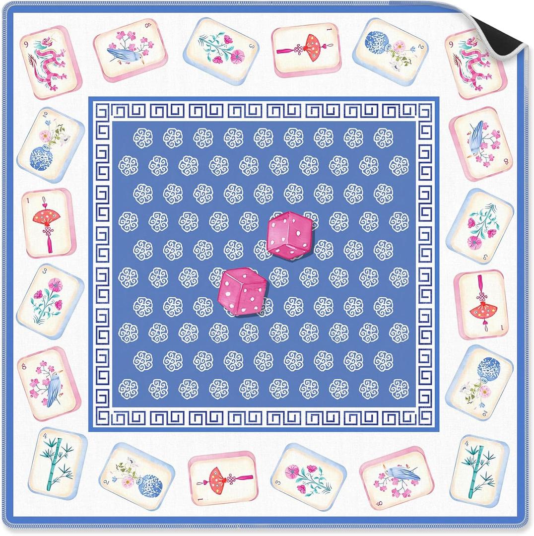 Blue Pink Chinoiserie Mahjong Mat 31.5 x 31.5 in, Grandmillennial Dice Non-Slip Noise Reduction Mahjong Table Mat for American Mah Jong Poker Card Board Games Dominoes