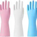 Bamllum Rubber Cleaning Gloves - 3 Pairs Latex Free Kitchen Cleaning Gloves with Cotton Liner- Household Dishwashing Gloves, Non- Slip Waterproof (Medium, Blue+Pink+White)