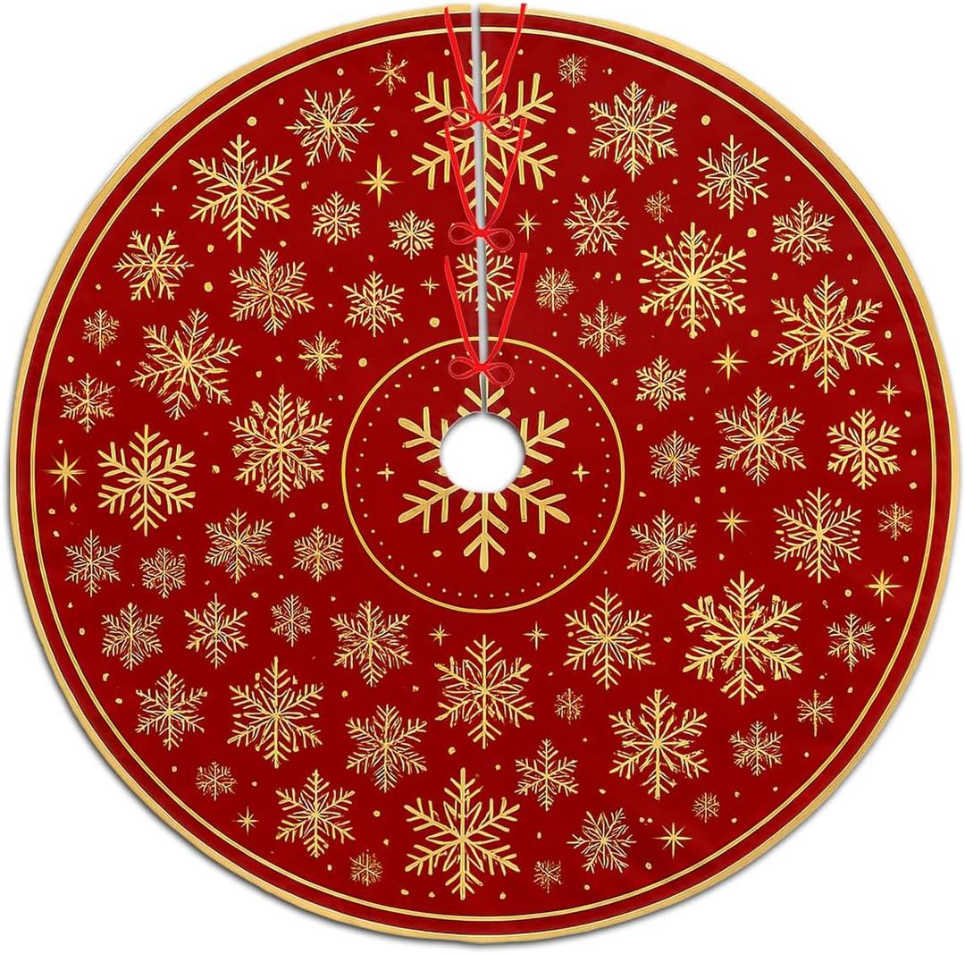 Christmas Tree Skirt 36 inch, Red Gold Snowflake Round Christmas Tree Skirt, Xmas Tree Skirt New Year Winter Xmas Tree Decor Christmas Decorations for Home Party