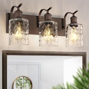 Bathroom Vanity Light Fixtures Over Mirror 3-Light Hammered Glass Wall Mounted Modern Oil Rubbed Bronze - VL01ORBH-3