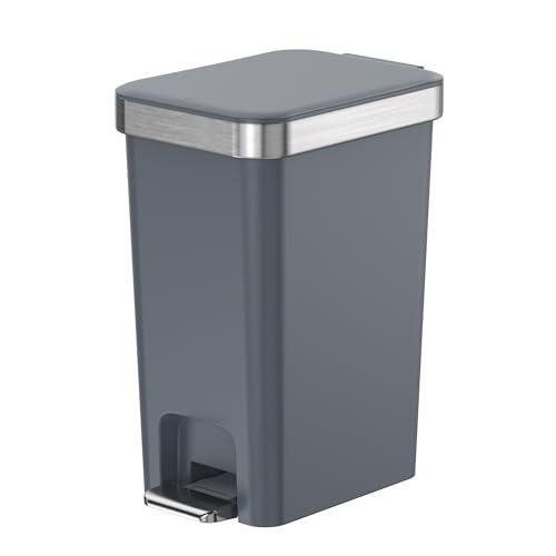 Onlcuk Small Bathroom Trash Can with Lid Soft Close, 10 Liter/2.6 Gallon Slim Garbage Can-Metal Step and Press top Lid, Mini Modern Waste Basket for Toilet, Office, Bedroom,Dorm,Dark Gray