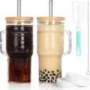 JunVpic Glass Cups with Bamboo Lids and Straws, 24oz Glass Tumbler with Handle, Stainless Steel Straws & Cleaning Brushes Boho Pattern Iced Coffee Cup for Smoothies, Tea, and Gifts, Set of 2