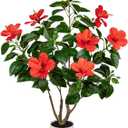 Briful Artificial Hibiscus Tree 2.95ft Tall Real Touch Fake Tree with Red Flowers Potted Faux Plant Indoor Realistic Floor Plants for Front Porch Outdoor Home, Patio Decor