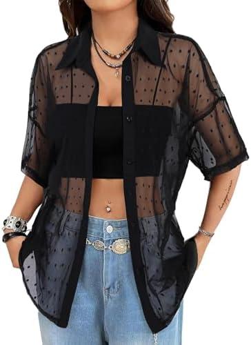 Avanova Women See Through Mesh Button Down Top Half Sleeve Collared Shirt Blouse, L