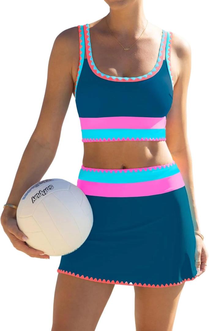 popvil High Waisted Bikini Sets for Women Tummy Control Swimsuits 3 Piece Bathing Suits Neon Swimwear with Skirt 2026, Large