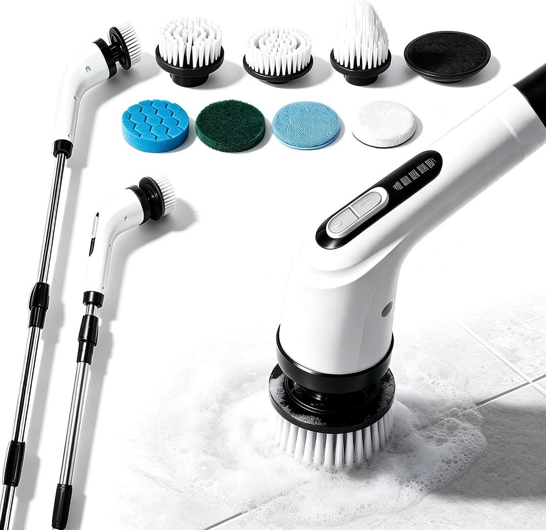 Highyes Electric Spin Scrubber for Bathroom | IPX7 Waterproof Shower Scrubber with Extendable Long HandleBathroom Cleaning Scrubber with 7 Reusable Brush Heads