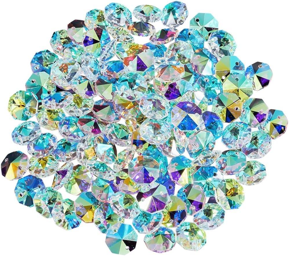 1 Box 120Pcs 14mm Crystal Glass Octagon Beads 2 Hole Prism Bead Bulk Colorful Chandelier Replacement Connector Suncatcher Faceted Spacer Bead for DIY Lamp Hanging Ornament Pendant Jewelry