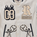 An urban collegiate varsity jacket for women in beige. Designed with an ultra soft fleece body and contrast faux leather sleeves for a trendy outerwear style, XL