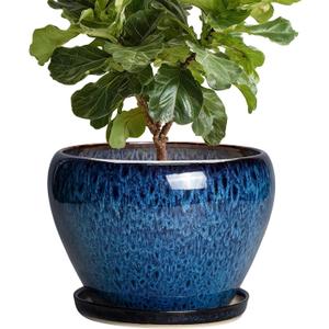 10 Inch Plant Pot - Ceramic Planter with Drainage Hole and Plant Saucer, Round Planter Indoor Outdoor, Modern Planters, Large Flower Pot, Home Room Office Decor, Housewarming Gifts, Blue