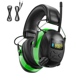 2025 AM/FM Radio Ear Protection Headphones with Backlit Digital Display, 120H Working Time, Rechargeable Hearing Protector, 30dB Noise Reduction Safety Earmuffs for Mowing, Construction, Work, Green