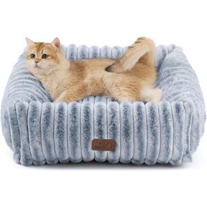 Bedsure ComfyFleece Cute Dog Bed for Small Dogs & Cats - Washable Furry Cat Beds, Rectangle Orthopedic Corduroy Fleece Puppy Beds with Removable Zipper Cover, 20x19x6inches, Blue Indigo