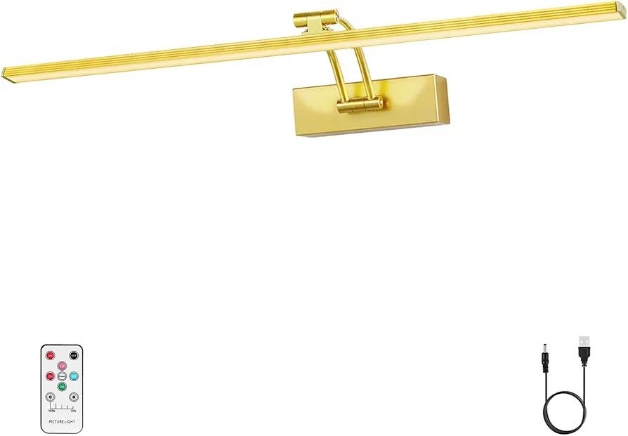 24 inch Picture Light Battery Operated for Wall, Wireless Art Lights for Painting with Remote, 6400mAh Cordless LED Gallery Lighting, Dimmable for Display Frame Lights, Gold