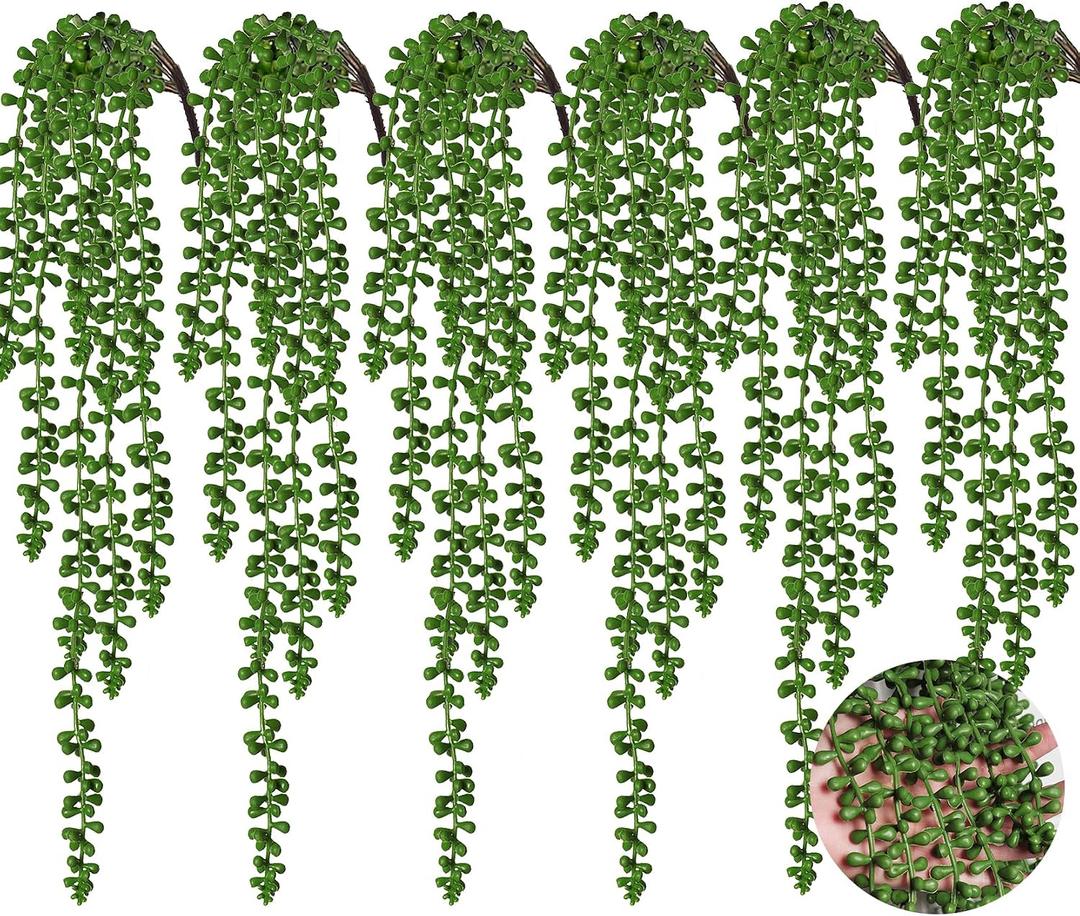 RECUTMS 6pcs Artificial Succulents Hanging Plants Fake Hanging String of Pearls Plant Faux Greenery Wall Plants for Spring Indoor Outdoor Home Bedroom Patio Garden Easter Decor