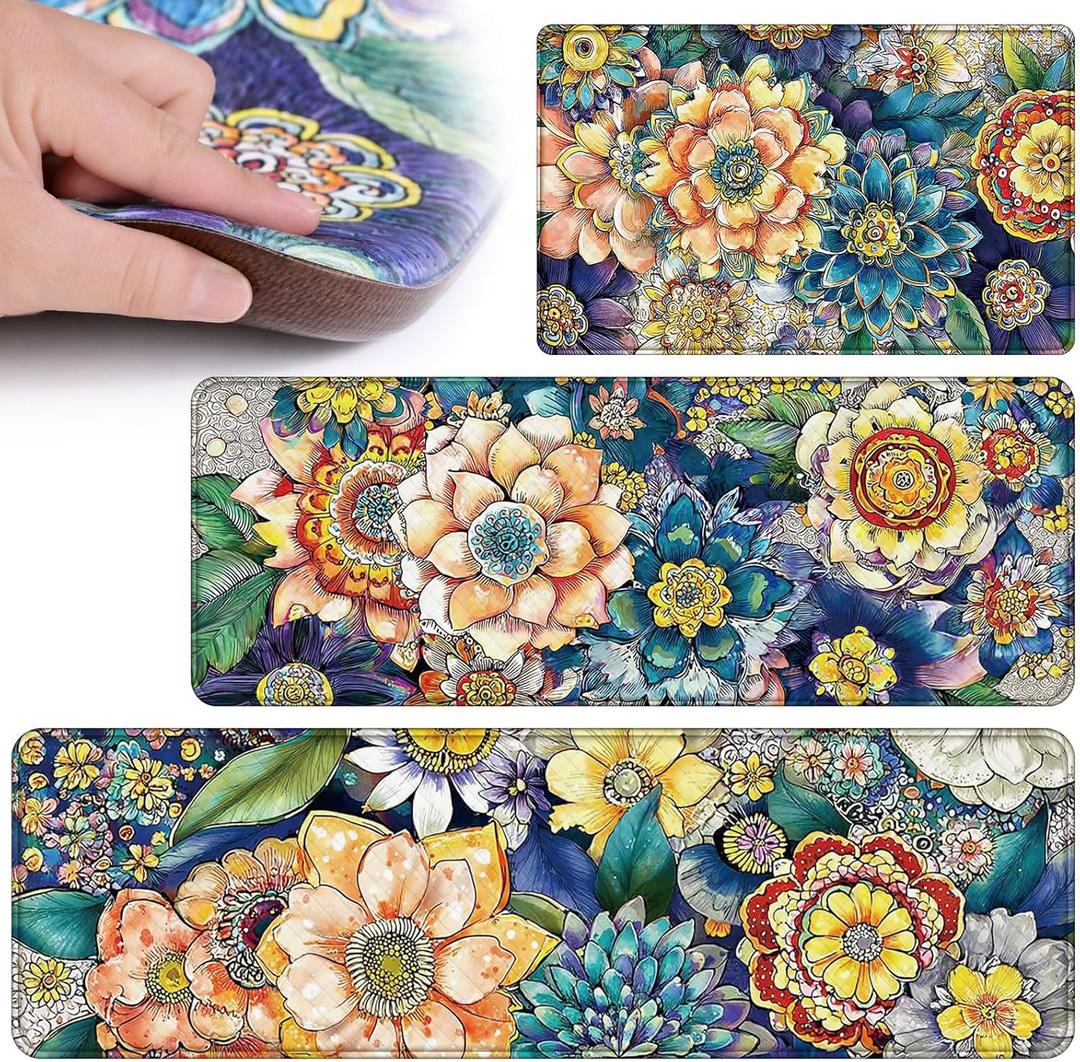 Dunzy 3 Pcs Spring Boho Floral Anti Fatigue Kitchen Mats for Floor Vintage Floral Cushioned Foam Mat Non Slip Waterproof Standing Rug Set for Sink Laundry Home, 17" x 29" 17" x 47" 17" x 59"(Boho)