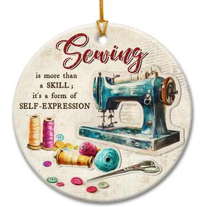 Sewing Machine Christmas Ornament 2025, Quilting Ornaments - Seamstress Gifts for Sewing Enthusiasts, Lovers, Sewers, Quilters Grandma, Mom - Round Ceramic Holiday Keepsake