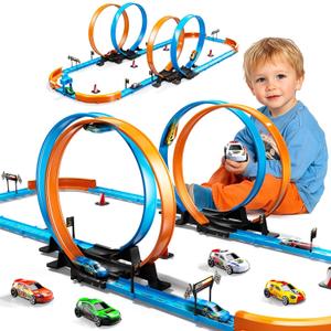 Toy Car Race Track Set for Boys Kids Age 3-5 4-7, Race Tracks with 4 Crash Zones and 1:64 Scale High-Speed Slot Cars, Christmas Halloween Birthday Gifts Toys for Toddlers Boys 4-8 8-12 Years