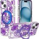 XIZYO Magnetic for iPhone 13 Case Floral Flower Cute [Compatible with MagSafe] Magnetic Ring Stand Clear Rose Women Girly Kickstand Shookproof Case 6.1 Inch-Purple