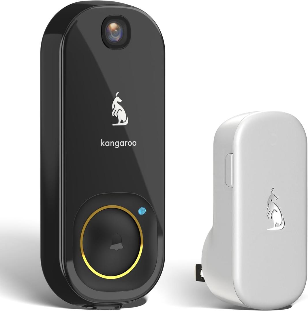 Kangaroo Wireless Doorbell+Chime,HD Camera,Easy Setup,Battery Power,Motion Detection,2.4G WiFi,Real-time Alerts to Phone,Door Bell for Home,Apartment and Office (1 Doorbell+1 Chime)